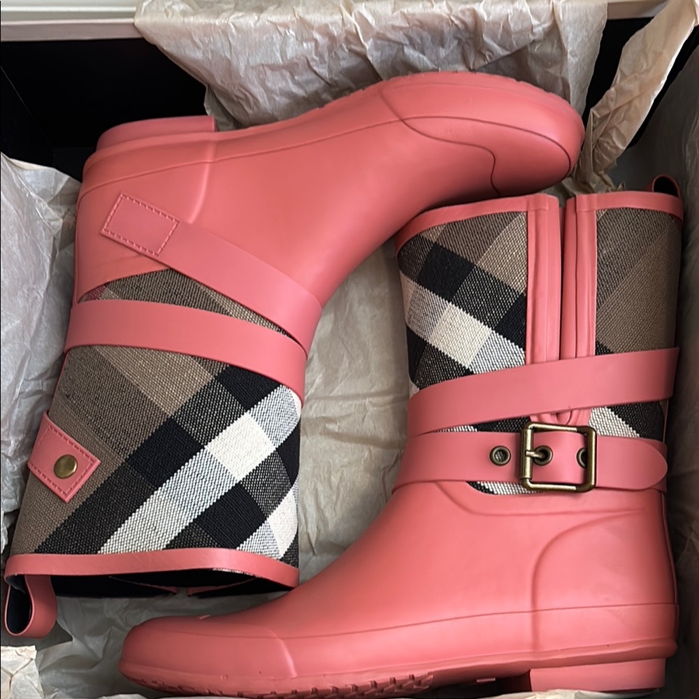 Burberry Pink Plaid Rain Boots